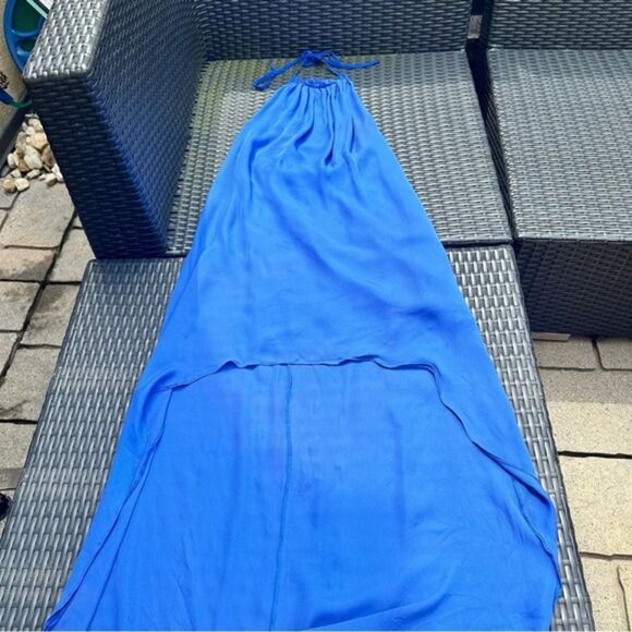 Blue silk halter dress size small high low backless colorblock flowy bohemian - Picture 7 of 8